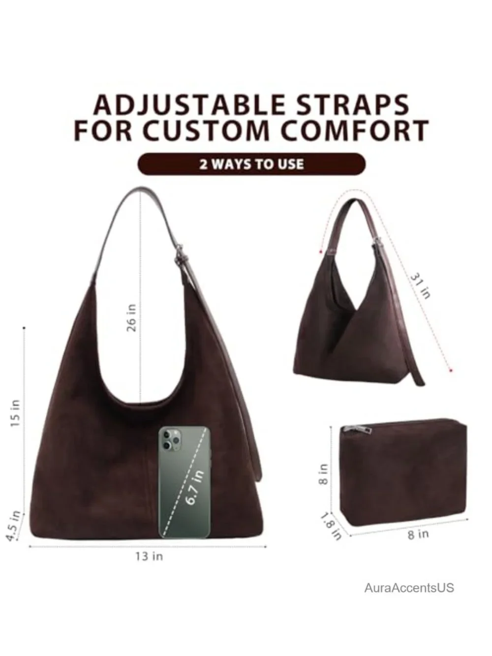 Faux Suede Tote Handbag with Pouch, Adjustable Strap
